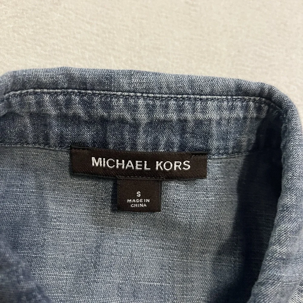 Michael Kors Oversized Denim Shirt Womens Small Washed Blue 3/4 Sleeve Button Up